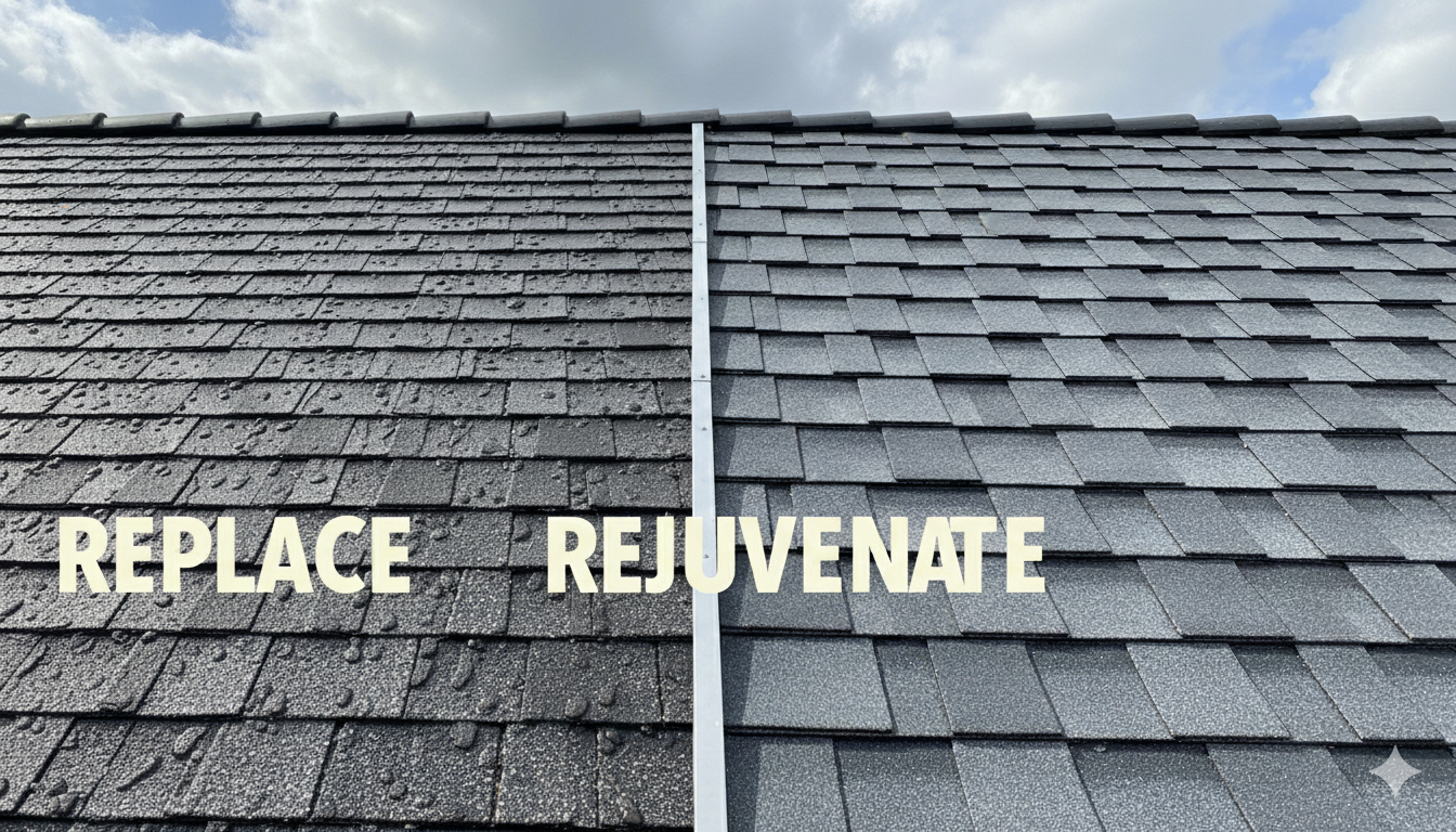 Asphalt shingle close-up in Iowa fall weather—roof rejuvenation vs replacement